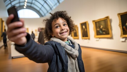 Happy 5-year-old taking a selfie at the museum - obrazy, fototapety, plakaty