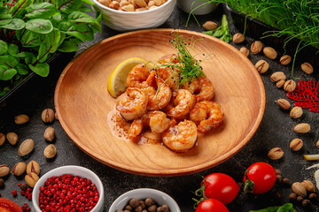 Hot appetizers. Fried shrimp in a plate with micro greens and lemon.