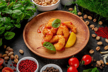 Hot appetizers. Pan-fried shrimps in a plate with beet leaves and lemon.