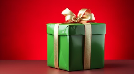 Obraz premium Festive Merry Christmas Greeting with Vibrant Green Gift Box Against a Bold Red Studio Backdrop - Holiday Celebration and Gift-Giving