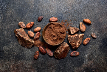 Ingredients for making homemade chocolate . Top view with copy space.