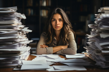 Tired accountant making calculations analyzing data. Business woman in suit working at the desk on his workplace at office with pile of folders and stack of papers. Reports time. Busy period. - obrazy, fototapety, plakaty