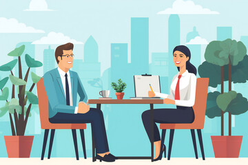 Successful interview with new job applicant. Apply job concept. Flat 2D illustration of people working at a co-working office. 2d illustration business discussion concept. Hiring new employee concept.