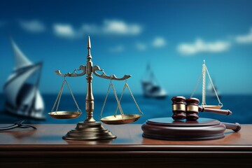 3D rendering of maritime legal scene: blue backdrop, boat, and judicial gavel. Generative AI