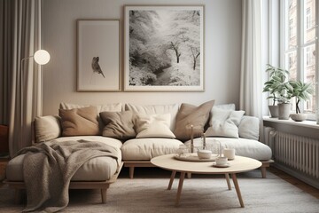 Fototapeta na wymiar Cozy Nordic living space featuring a simulated frame. Generative AI