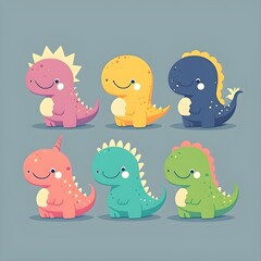 cute kawaii colourful dinosaur illustration vector simple clean minimalist wallpaper bright collection in a set of six 