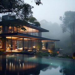 Modern residence, in the morning mist in the woods