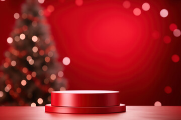 Empty red podium on a red background with blurred bokeh Christmas trees. Pedestal or stage mock up for your product.