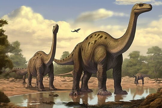 Digital illustration of argentinosaurus dinosaurs. Generative AI