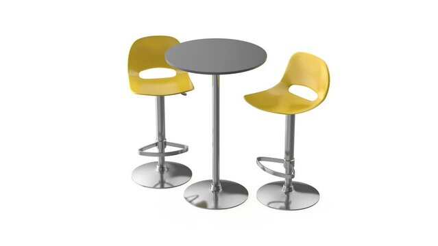 Bar table and yellow stools on white background