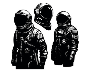 Astronaut in a spacesuit, silhouette on a transparent background, vector set