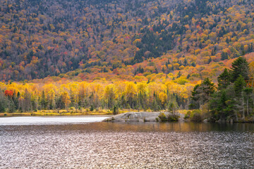 landscape of autumn mountain forest and lake in white mountain NH
