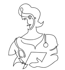 One line drawing of female doctor wearing uniform with folder.
One continuous line drawing of professional medical service.