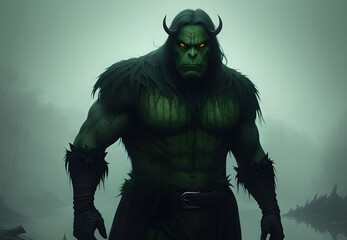 Scary swamp monster standing on gloomy misty swamp background. Generative AI art illustration.