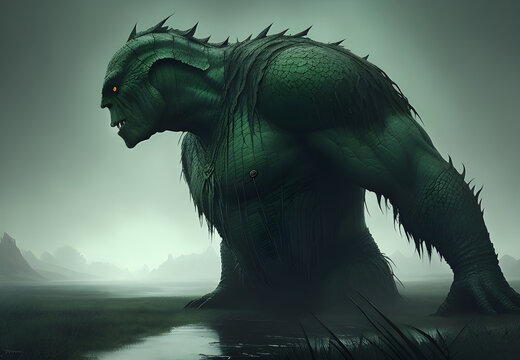 Scary giant swamp monster crawling out of the swamp. Generative AI art illustration.