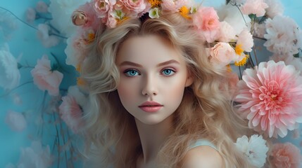 Floral spring concept of fresh spring vivid color flowers on the face and body of a young beautiful attractive girl. Abstract portrait.
