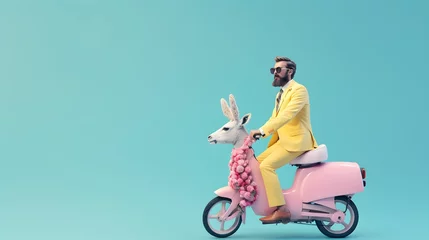 Gartenposter Urban hipster man in trendy yellow suit on motorcycle. Pastel blue background. Fashionably, elegant minimal Christmas concept.  © Creative Photo Focus