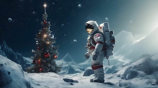 Abstract futuristic Christmas night. Santa sails through space in an astronaut suit, giving gifts to the whole universe. Decorated Christmas tree, Happy New year.