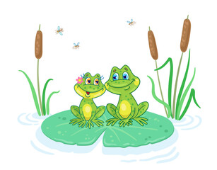 Two little funny frogs are sitting on a large green leaf in the middle of the lake. In cartoon style. Isolated on white background. Vector illustration.