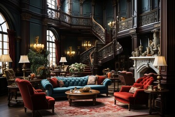 Victorian style living room with ornate furniture, rich fabrics, and decorative moldings