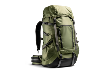 big green khaki camping backpack, png file of isolated cutout object with shadow on transparent background.
