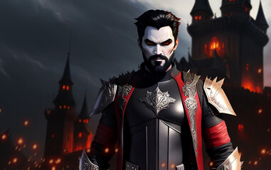 Vampire lord in gothic armor with gothic castle on night background. Generative AI art illustration.