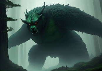 Huge fantasy monster walking in the forest. Generative AI art illustration.