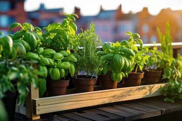 Balcony herb garden concept. Beautiful lush herb garden on city apartment balcony, with pots of basil, mint, rosemary growing in the urban environment