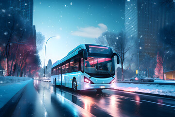 a double decker bus driving down a city street