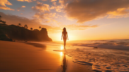 Back view of a woman walking at a beach in the sunrise with the ocean in front  - obrazy, fototapety, plakaty
