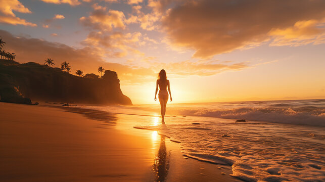 Back view of a woman walking at a beach in the sunrise with the ocean in front 