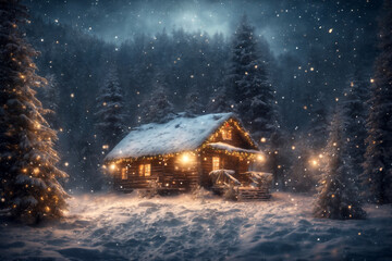 an old hut with christmas tree, decorated with lights for new year holiday, against the background of hard nature in winter, blizzard, dramatic sky and snowy forest, beautiful landscape