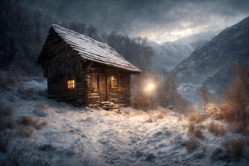 an old hut against the background of hard nature in winter, blizzard, dramatic sky and snowy mountains, forest, beautiful landscape