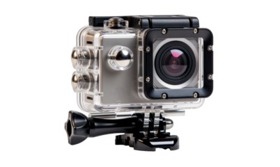 action camera in underwater protective case, png file of isolated cutout object with shadow on transparent background.