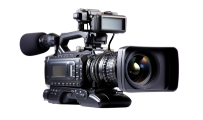 professional film camera, png file of isolated cutout object with shadow on transparent background.