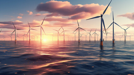 energy transition - wind turbines offshore farm at the ocean at sundown  - obrazy, fototapety, plakaty