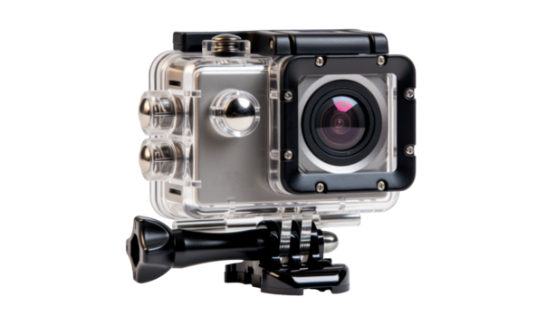 action camera in underwater protective case, png file of isolated cutout object with shadow on transparent background.