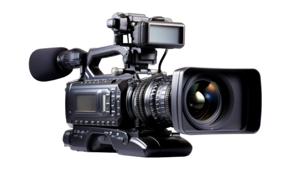 professional film camera, png file of isolated cutout object with shadow on transparent background.