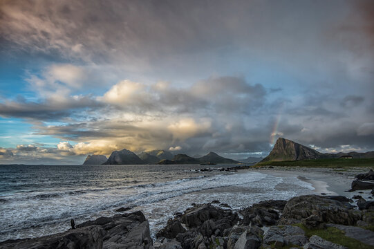 Empty beach and coastal mountain landscape, Stor Sandnes, Flakstad, Lofoten, Nordland, Norway