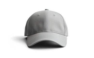 grey baseball cap mockup front view, png file of isolated cutout object with shadow on transparent background.