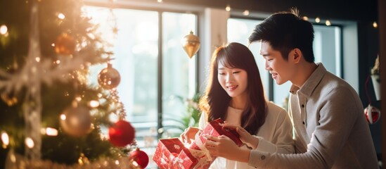 Happy and cheerful Asian romantic lovers celebrating christmas at home - obrazy, fototapety, plakaty