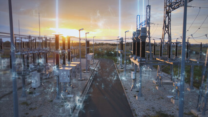  High voltage power station at sunset. 3D render graphic of electricity