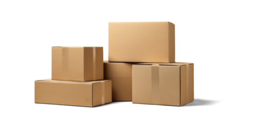 cardboard box warehouse mockup, png file of isolated cutout object with shadow on transparent background.
