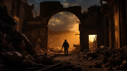 Resilient Steps Through Urban Decay: Soldier's Journey of Strength, Generative AI