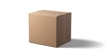 empty closed cardboard box mockup, png file of isolated cutout object with shadow on transparent background.