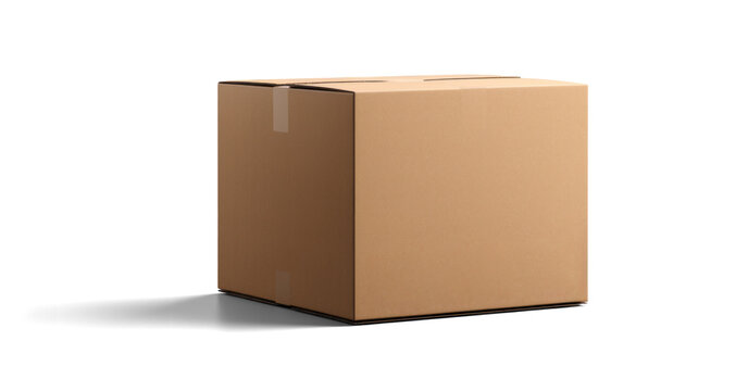 empty closed cardboard box mockup, png file of isolated cutout object with shadow on transparent background.