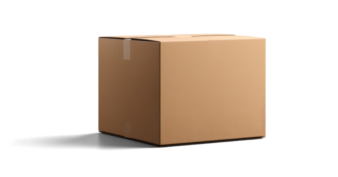 empty closed cardboard box mockup, png file of isolated cutout object with shadow on transparent background.