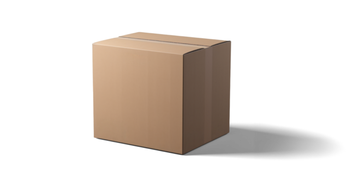 empty closed cardboard box mockup, png file of isolated cutout object with shadow on transparent background.