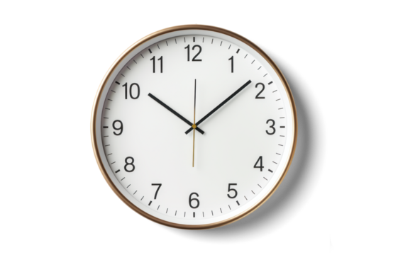 simple wall clock, png file of isolated cutout object with shadow on transparent background.