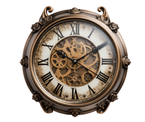 vintage wall clock, png file of isolated cutout object with shadow on transparent background.